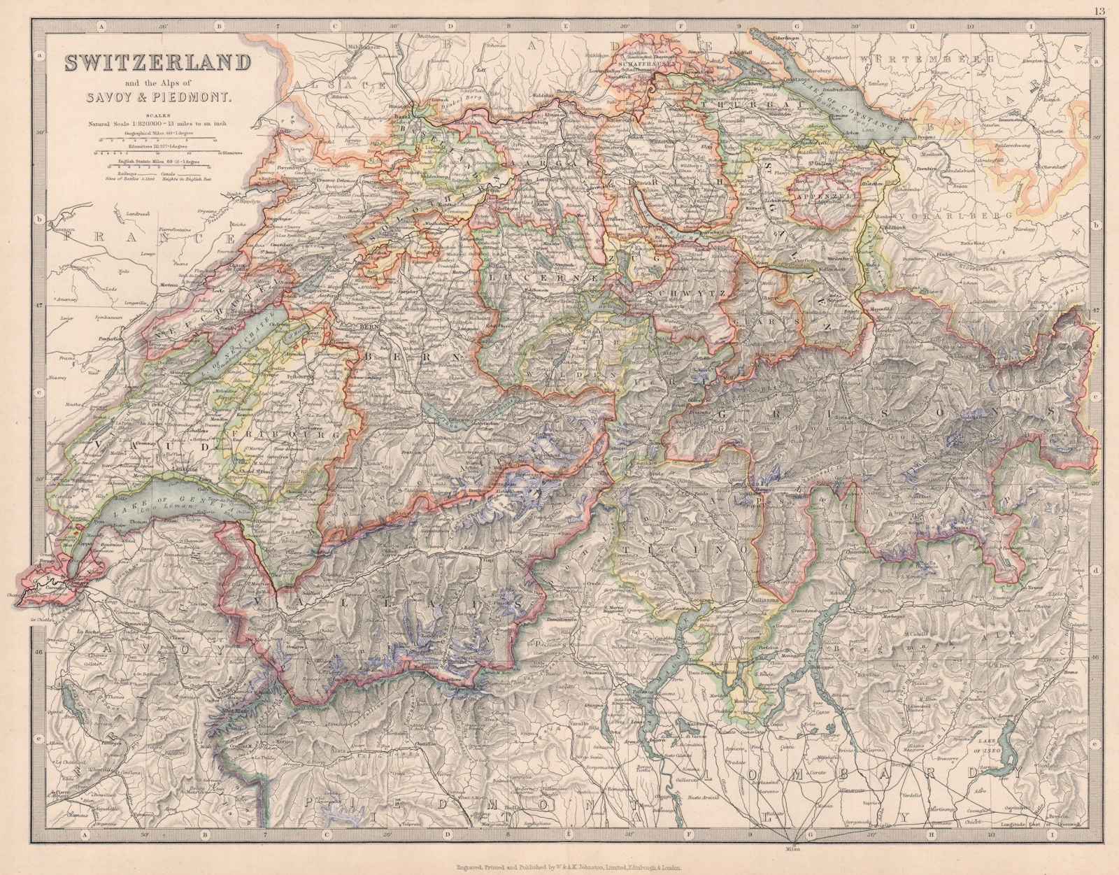 SWITZERLAND, SAVOIE & PIEDMONT ALPS. Glaciers marked in blue. JOHNSTON 1912 map
